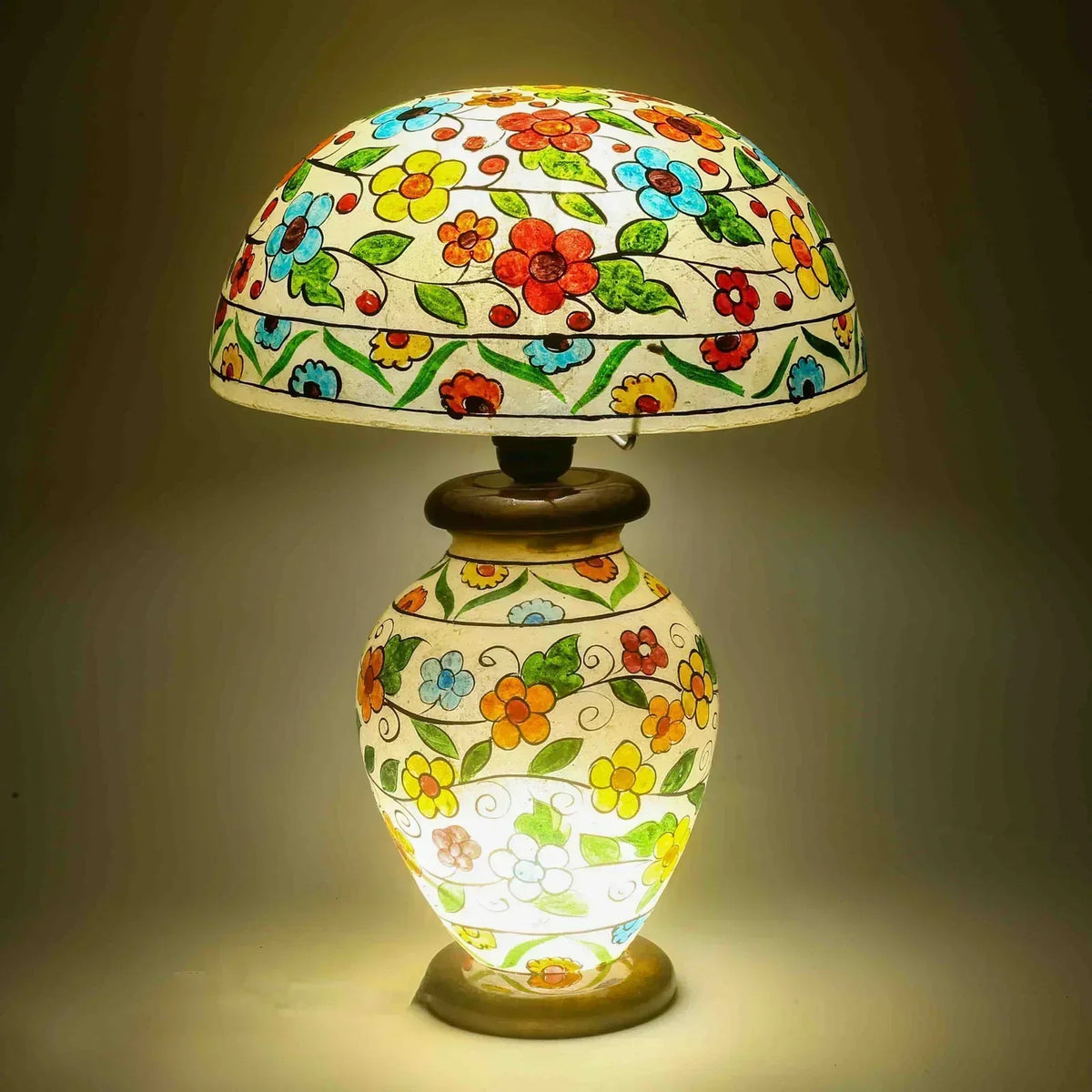 “Hand-painted Multi Colour Mushroom Lamp made from camel leather with pine wood base – traditional artisan lighting”