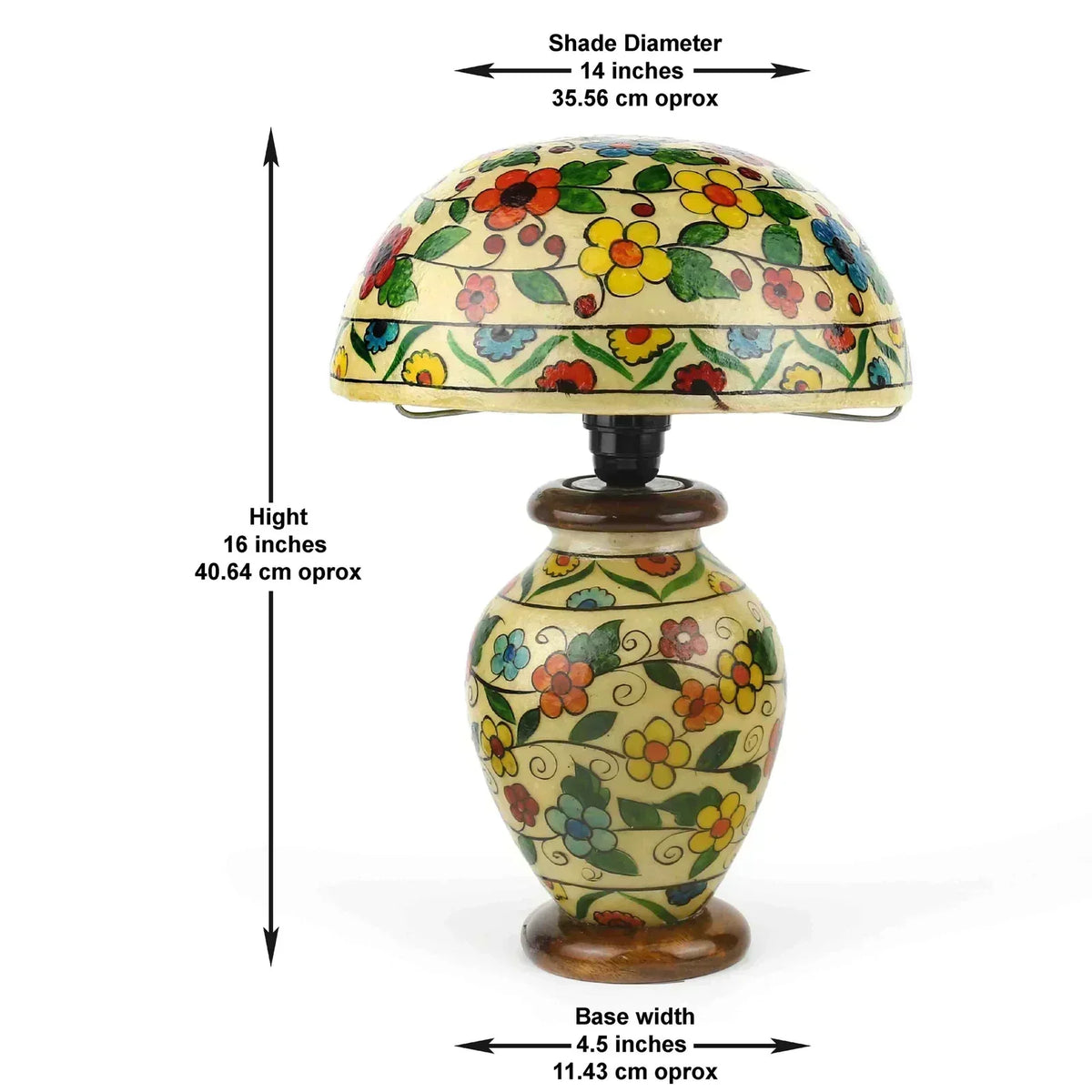 Decorative table lamp with floral design and measurements on a white background “Hand-painted Multi Colour Mushroom Lamp made from camel leather with pine wood base – traditional artisan lighting”