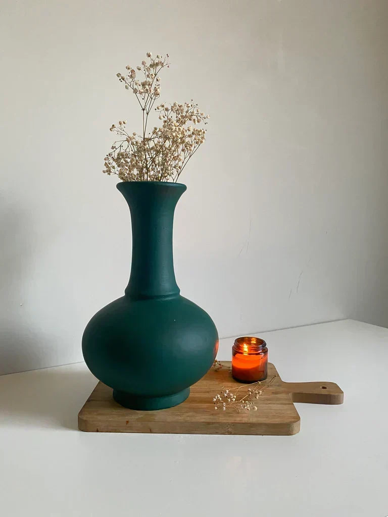 Nureyaa Grene Midnight Green Ceramic Vase, 13" tall, 8" wide, handmade bold decor