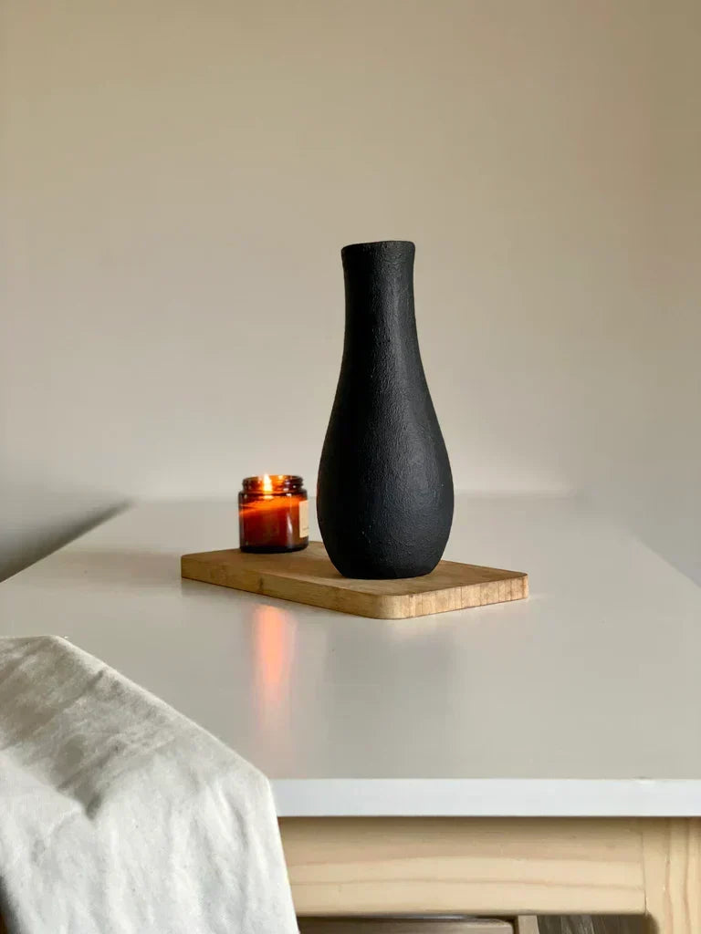 Nureyaa Textured Neck Black Ceramic Vase, 10" tall, 4" wide, handmade dramatic decor