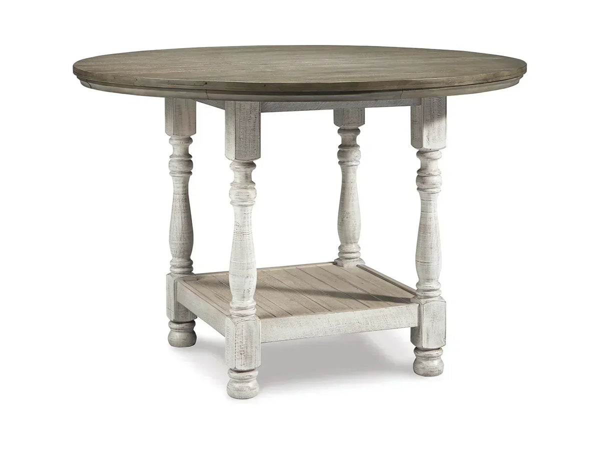 Round wooden table with a rustic finish on a white background