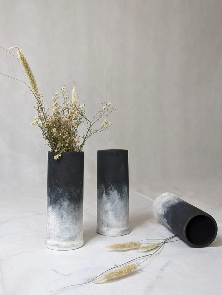 Nureyaa Domino Black and White Ceramic Vase, 9.8" tall, 3.5" wide, handmade modern decor