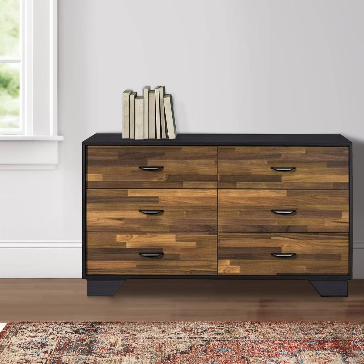 A modern six-drawer dresser with a dark wood grain patterned front, black frame, and black metal drawer pulls, shown against a plain white background.
