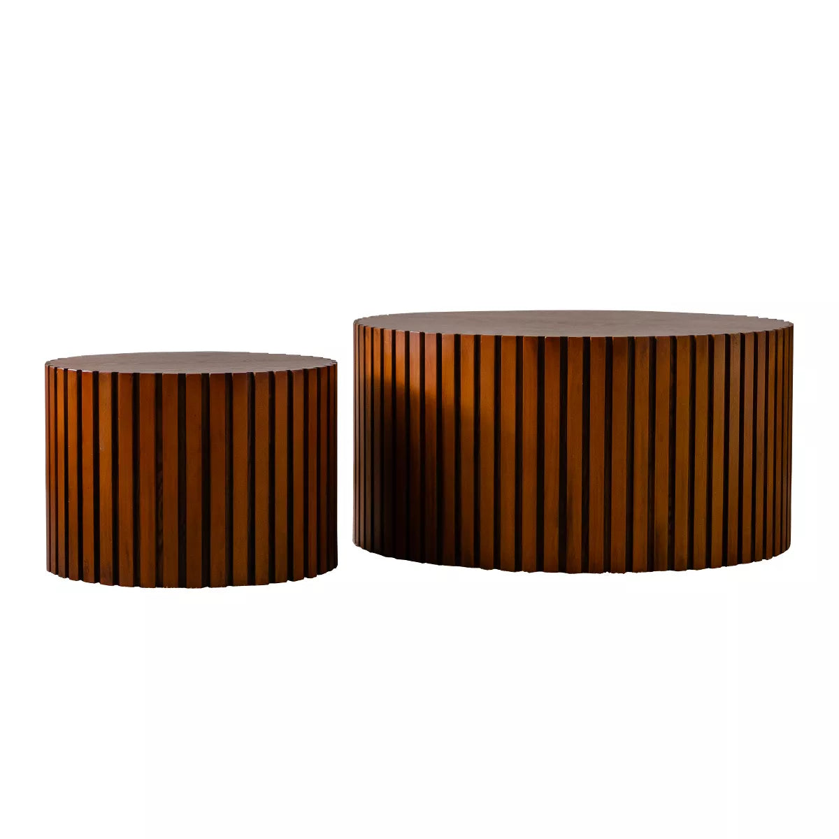 Two wooden side tables with a striped pattern on a white background
