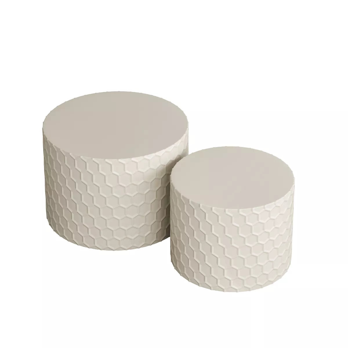 Two white ceramic planters with geometric pattern on a white background White