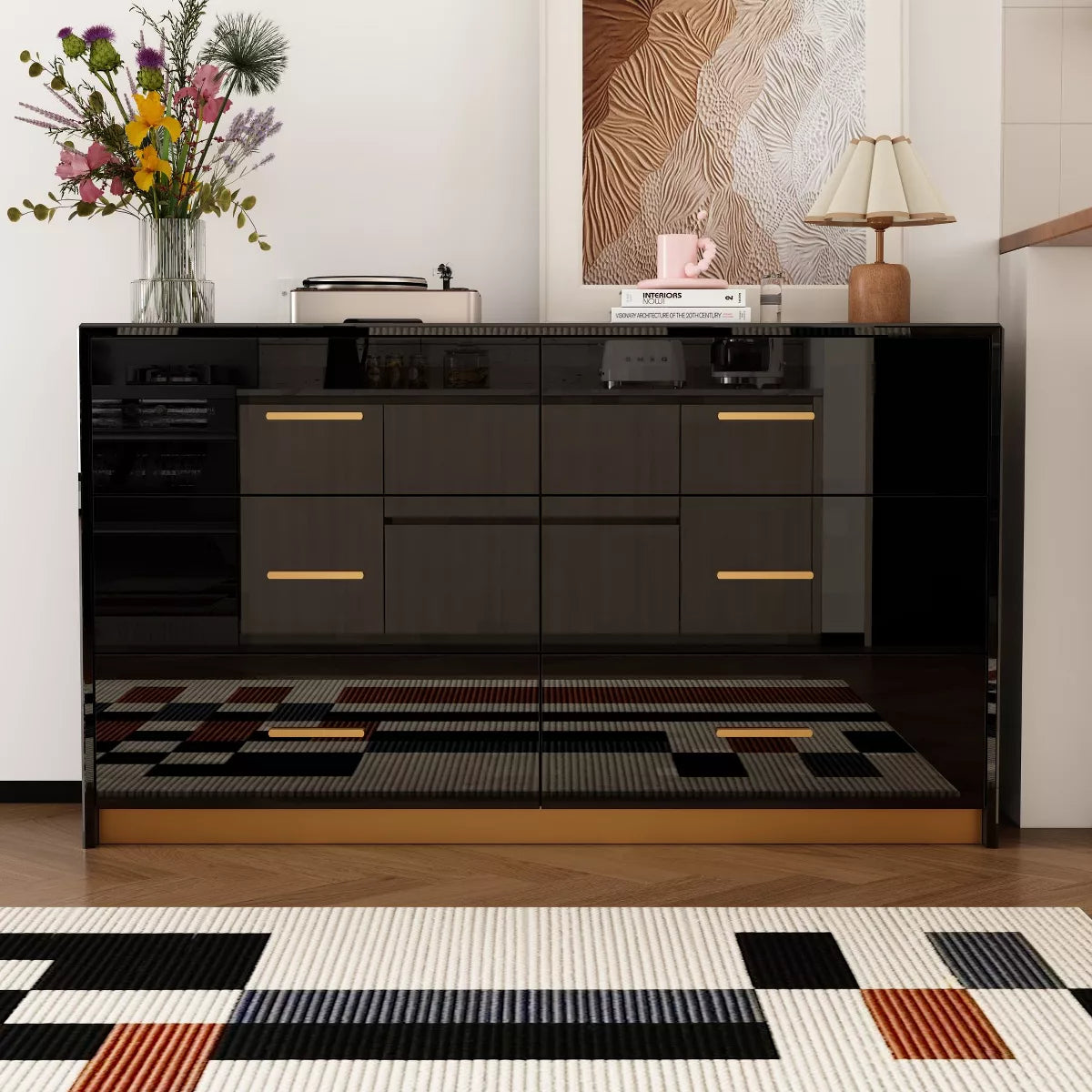 Black High Gloss Dresser With 6 Drawers and Form Base