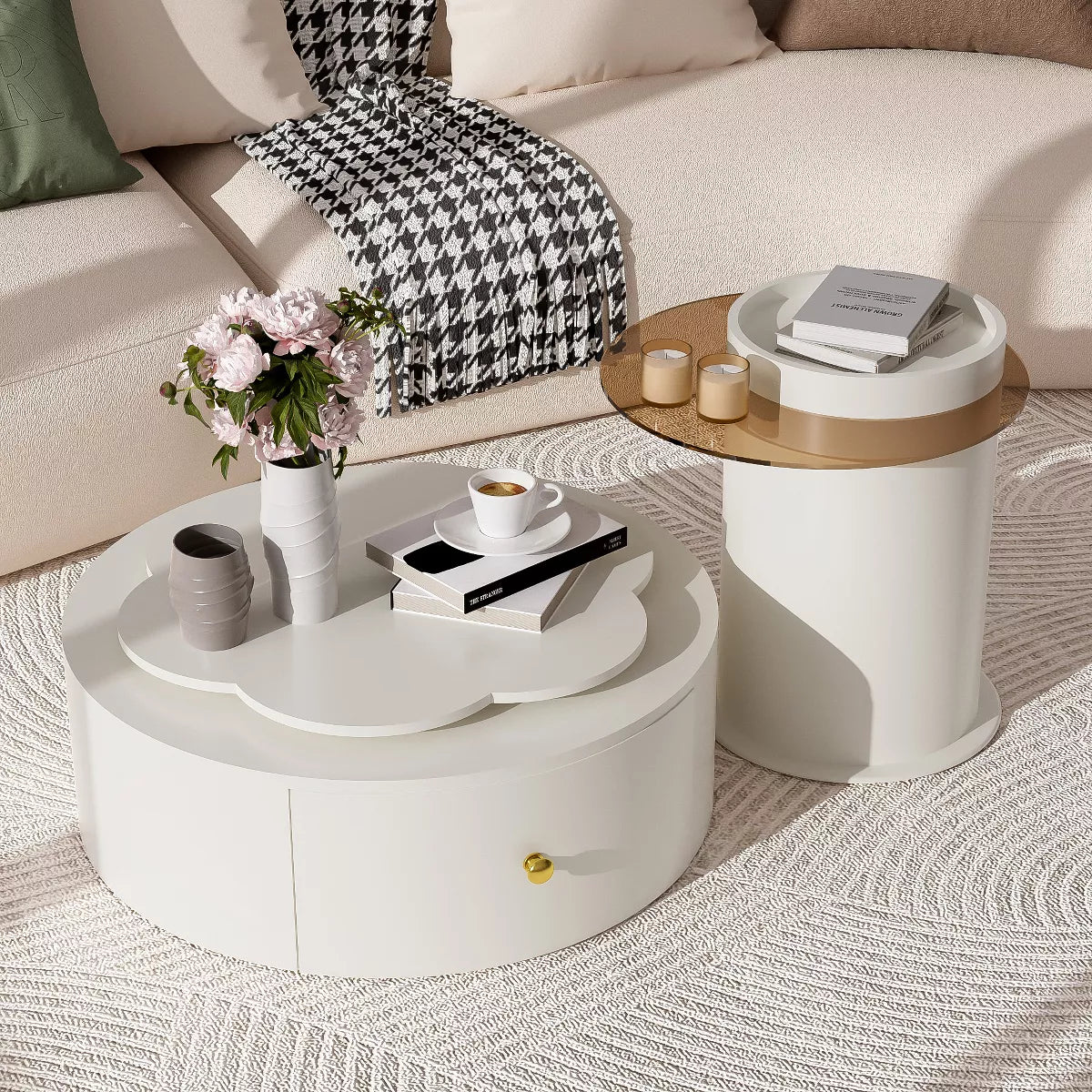 Round coffee table with decorative items in a living room setting