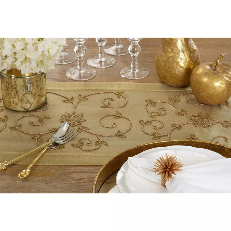 Saro Lifestyle Long Table Runner With Handmade Beaded Gold