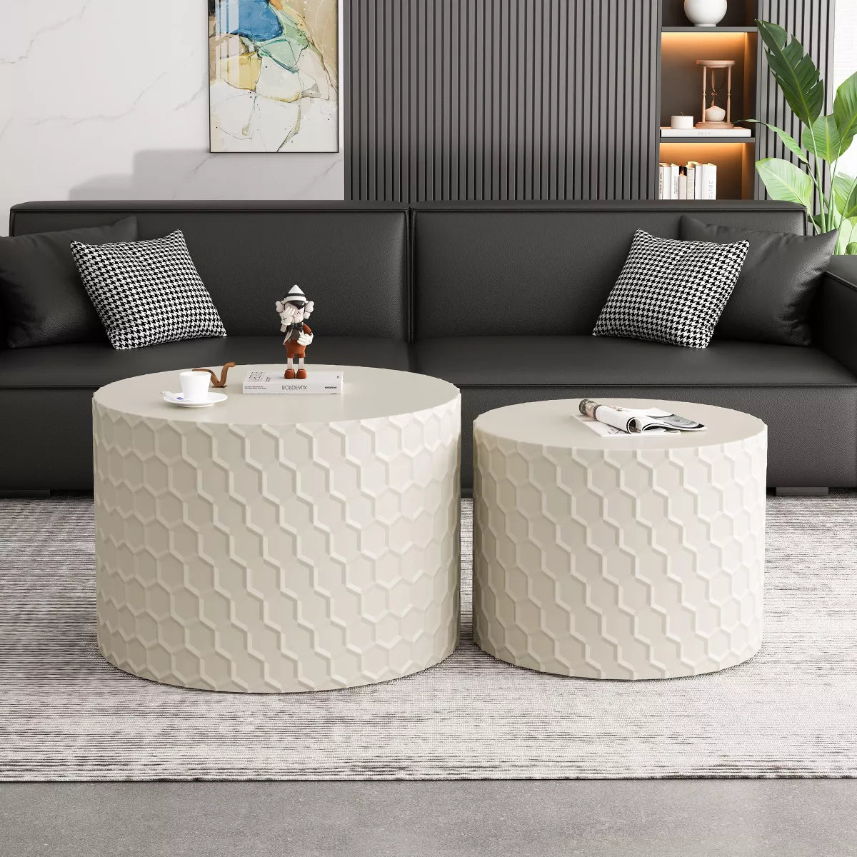 Two white ceramic planters with geometric pattern on a white background White