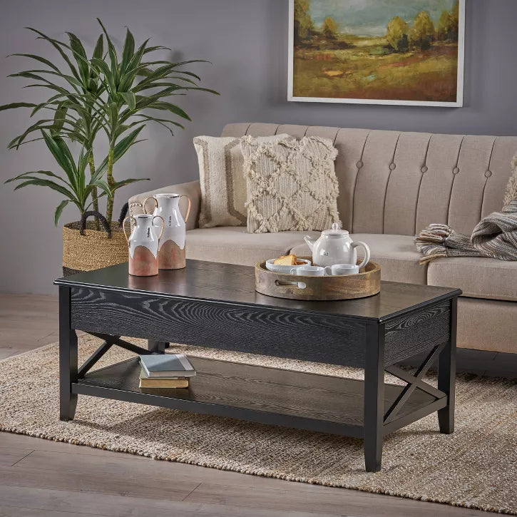 Living room with a beige sofa, dark wooden coffee table, and decorative items Decatur Farmhouse Lift Top Coffee Table