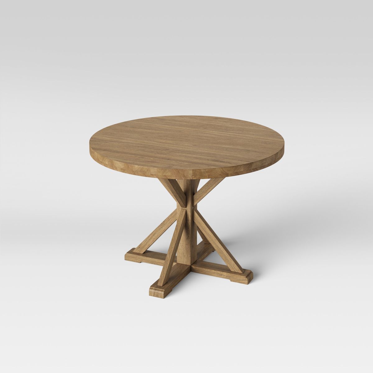 Round wooden table with a geometric base design on a white background.
