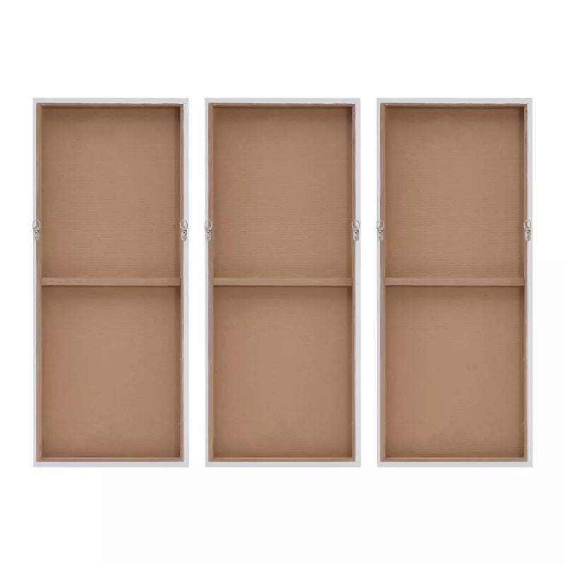 Three wooden shelves with brown interior on a white background