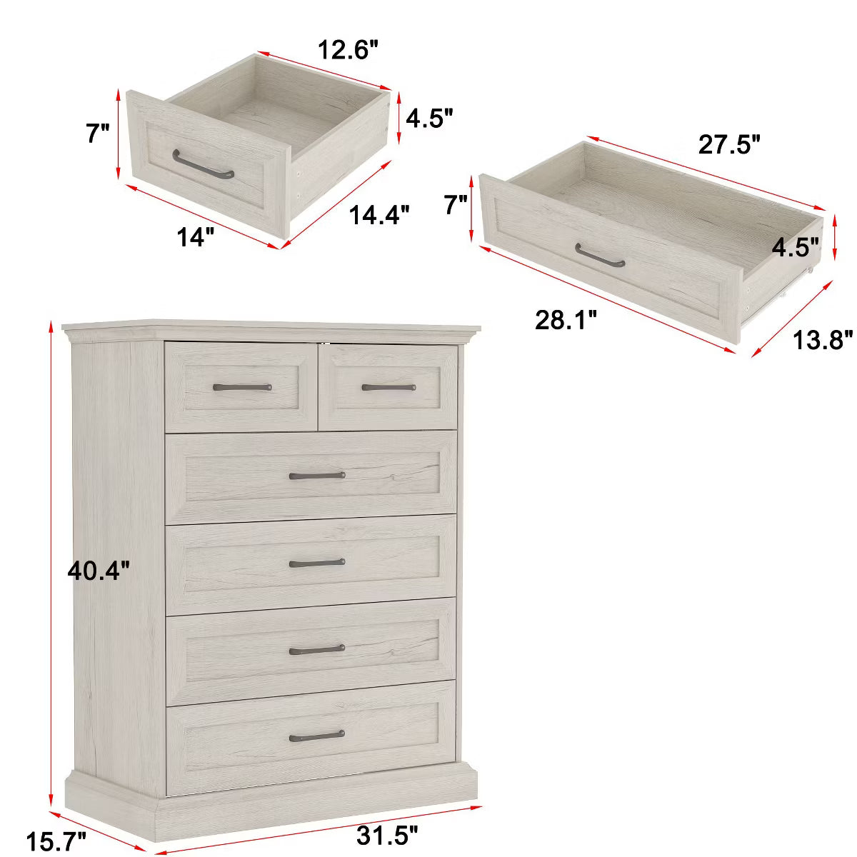 Vintage Dresser 6-Drawer Chest,2 Small Top Drawers + 4 Large Drawers