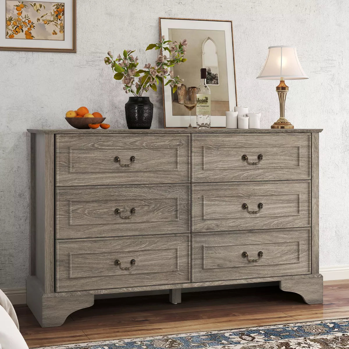 47'' Farmhouse 6 Drawers Dresser for Bedroom, Wide Rustic chests of Drawers