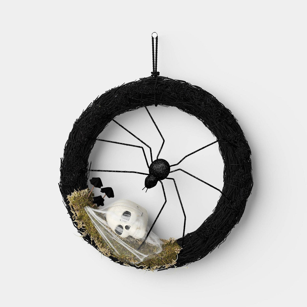 17.5 Inch Vine Base Mossy Halloween Wreath with Spider and Skull - Halloween decor