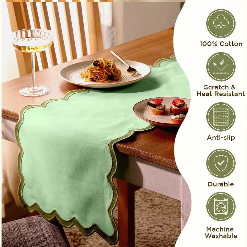 Green table runner on a wooden table with food and a glass, featuring product features on the right.