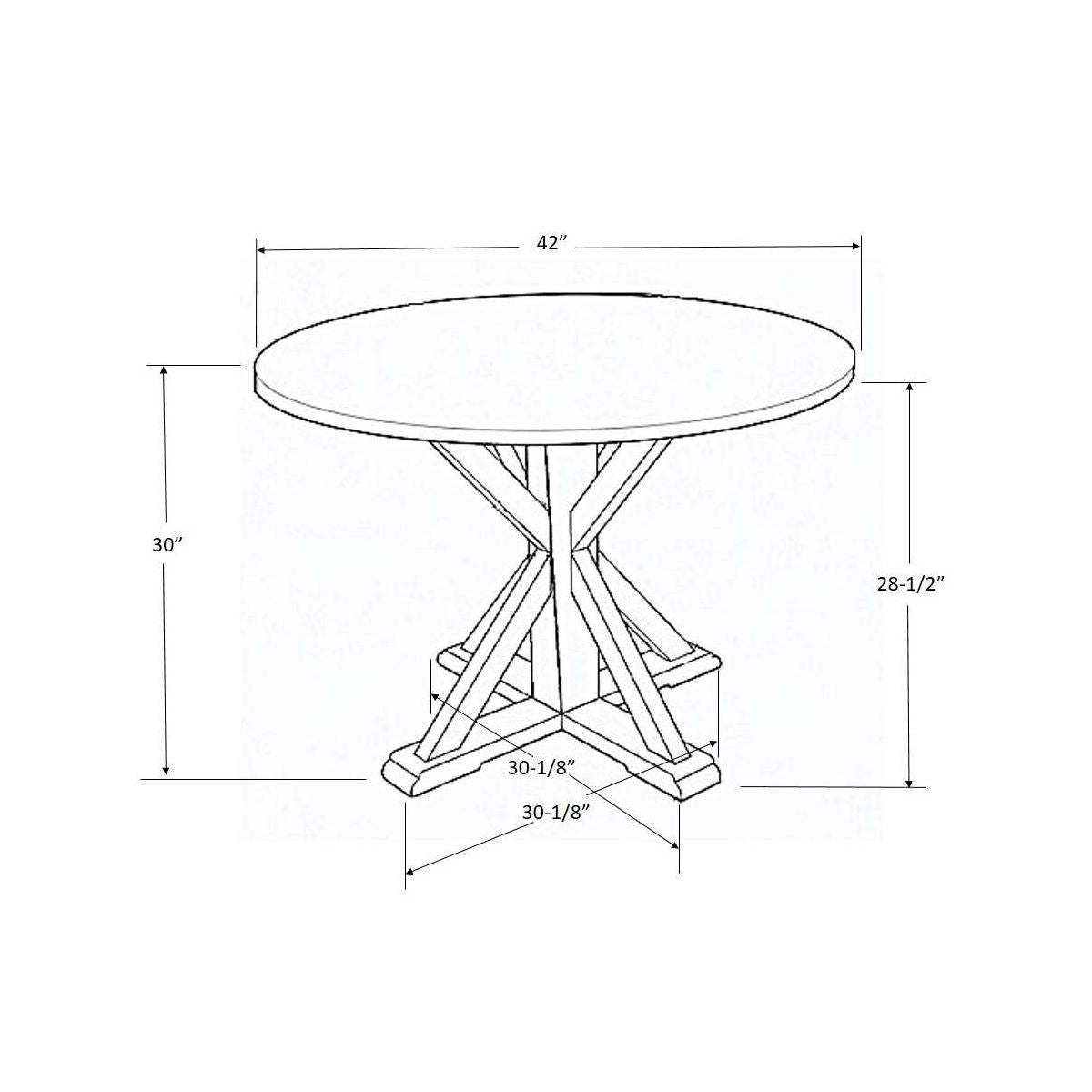 Round wooden table with a geometric base design on a white background.