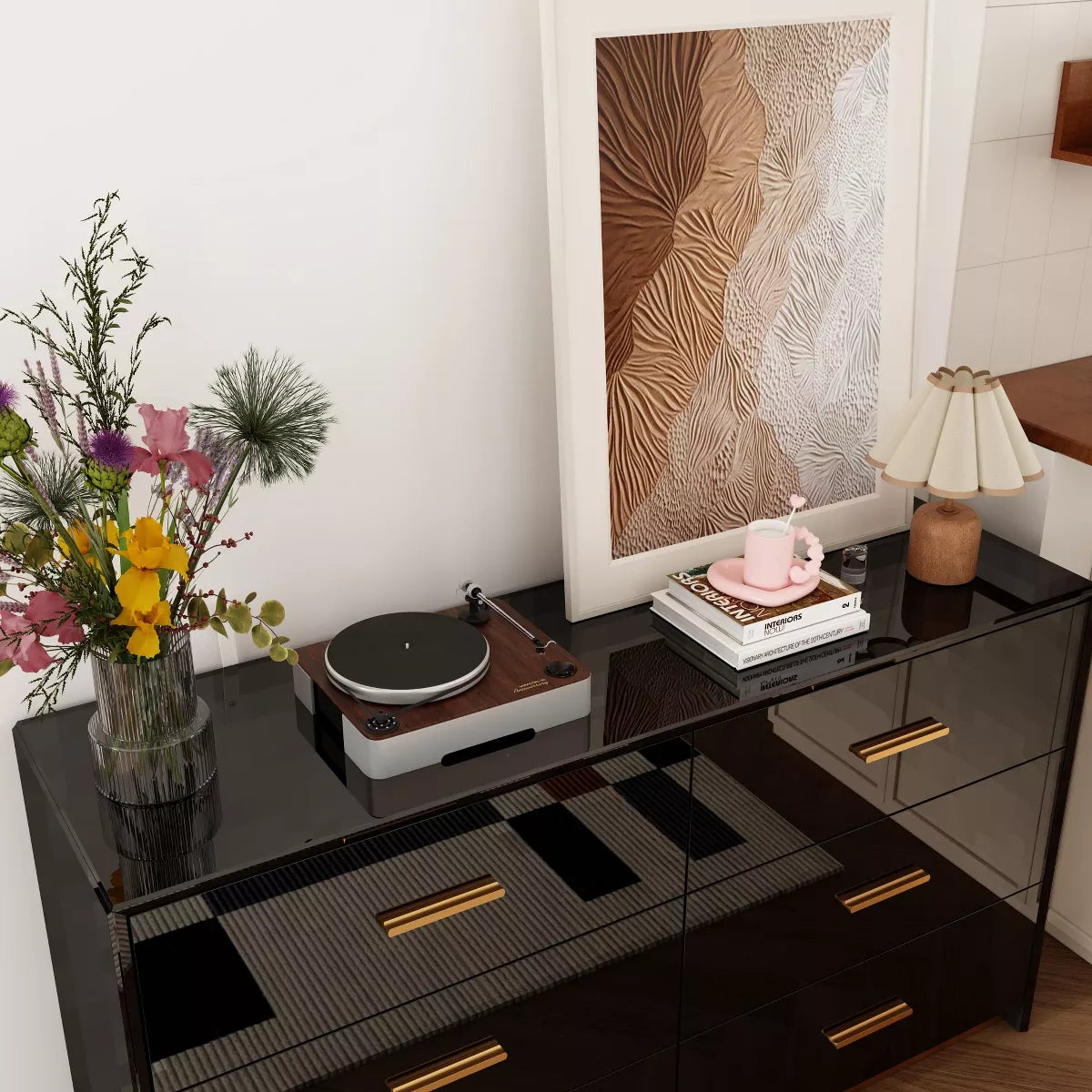Black High Gloss Dresser With 6 Drawers and Form Base