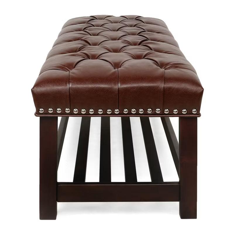 Upholstered Bench with Shelf,PU Leather End of Bed Bench with Nailhead Trim