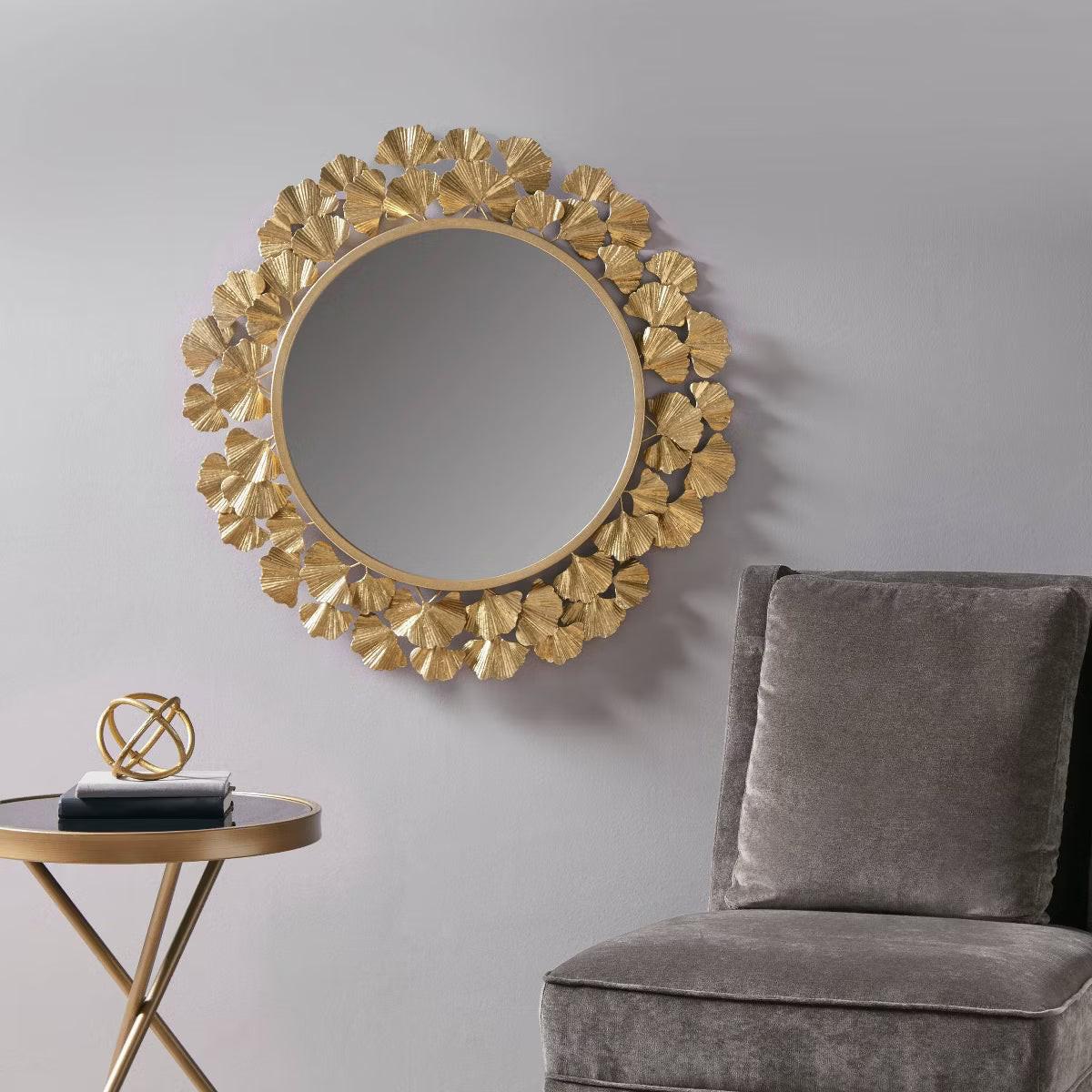 Eden Foil Ginkgo Decorative Wall Mirror Gold Luxurious Iron Frame, 30.5" Diameter, No Assembly Required