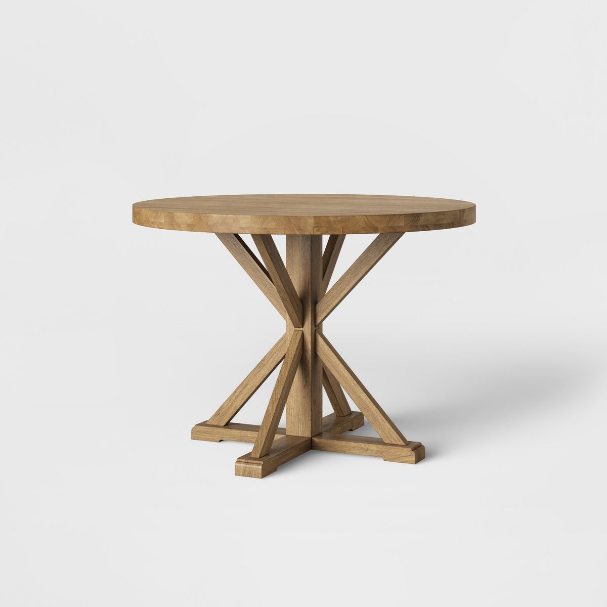 Round wooden table with a geometric base design on a white background.