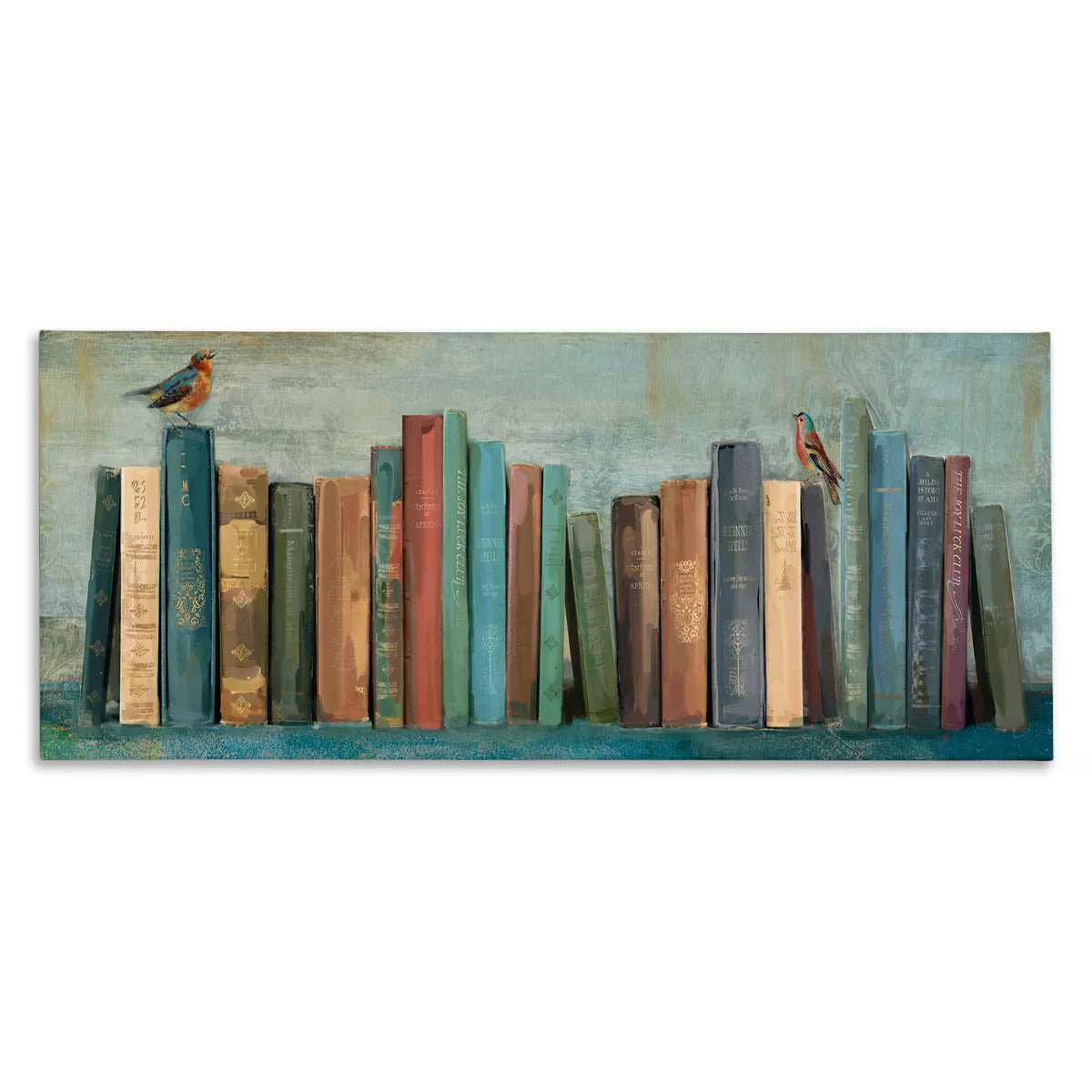 Painting of books with birds on a textured background