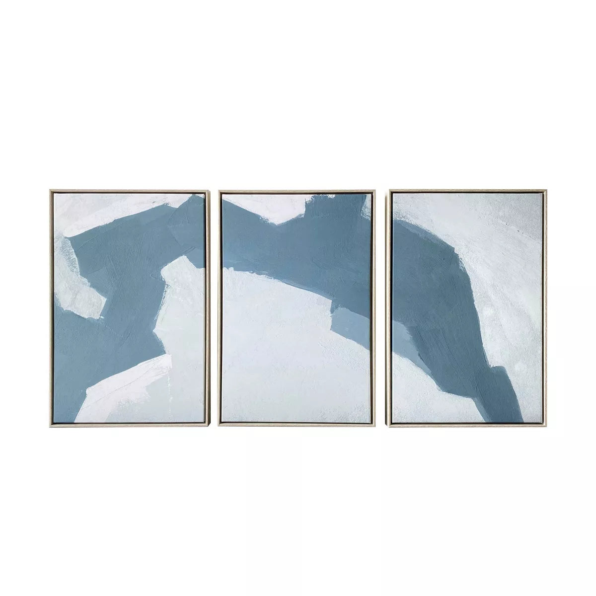Set of three abstract wall art pieces with blue and white color scheme on a white background