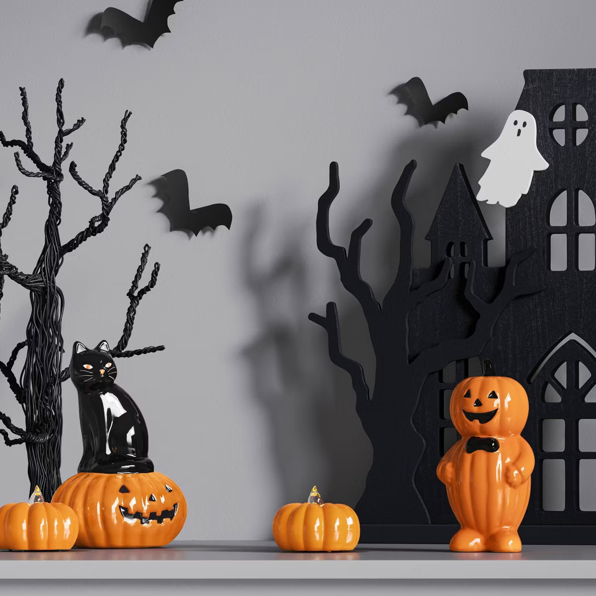 Black Cat with Jack-O'-Lantern Ceramic Decorative Sculpture