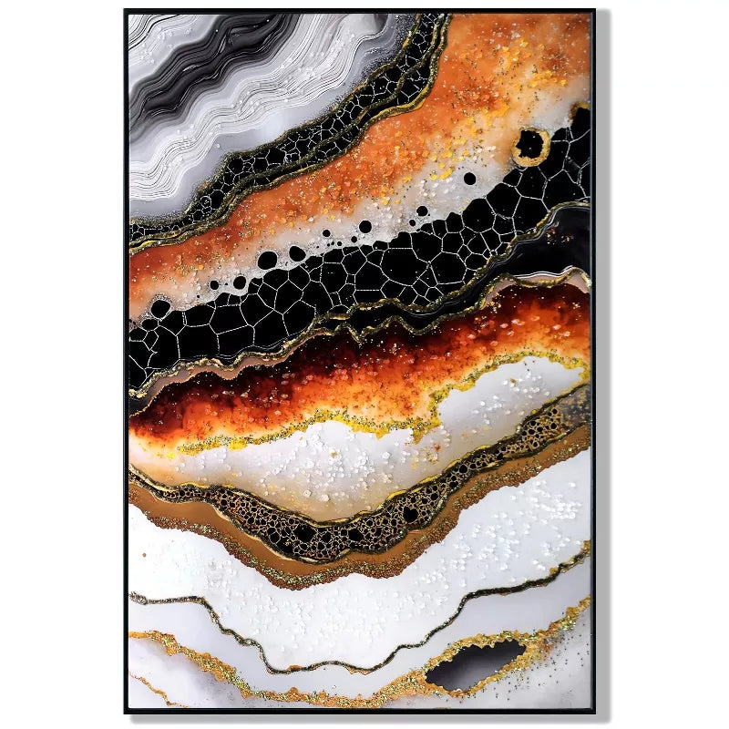 Abstract art piece with layers of orange, black, and white on a white background