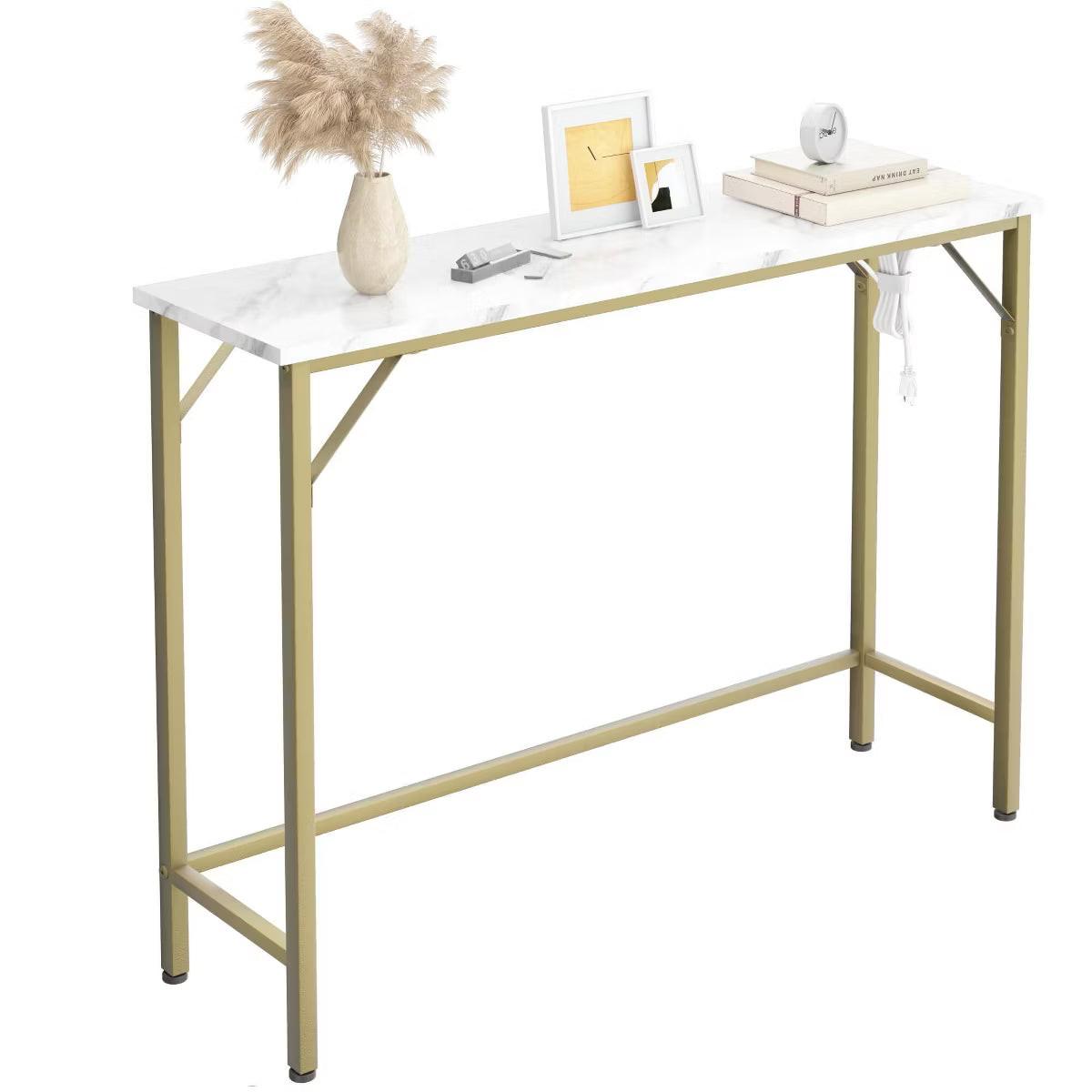 Coolmee Narrow Console Table, Golden Sofa Table with Outlets, Behind Couch Table for Living Room, Hallway Table for Entryway, 1 of 8