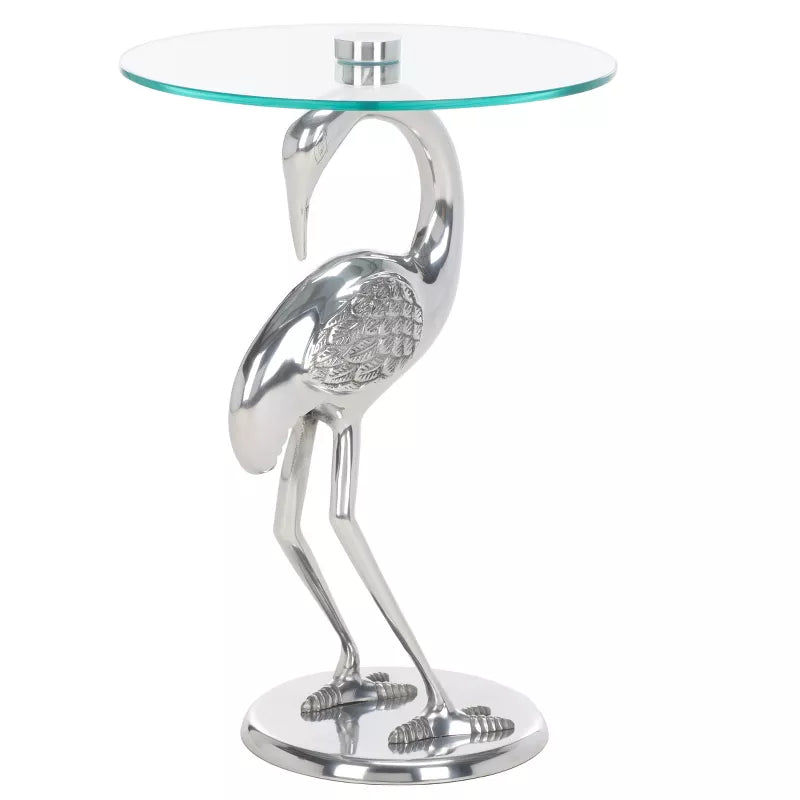 Decorative side table with flamingo design and glass top on a white background