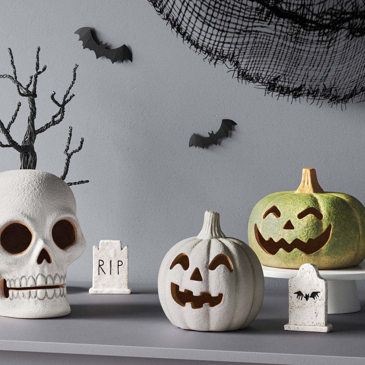 Small Terra Cotta Jack-O'-Lantern Sculpture, White - image 2