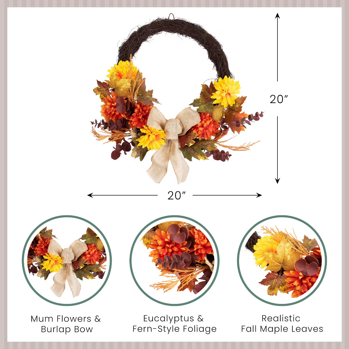 Small Artificial Fall Harvest Wreath with Burlap Bow
