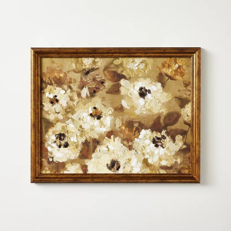 Framed floral artwork on a white wall