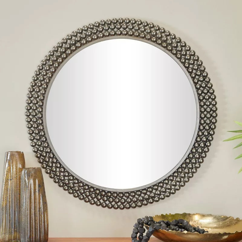 Metal Round with Beaded Detailing Wall Mirror Black