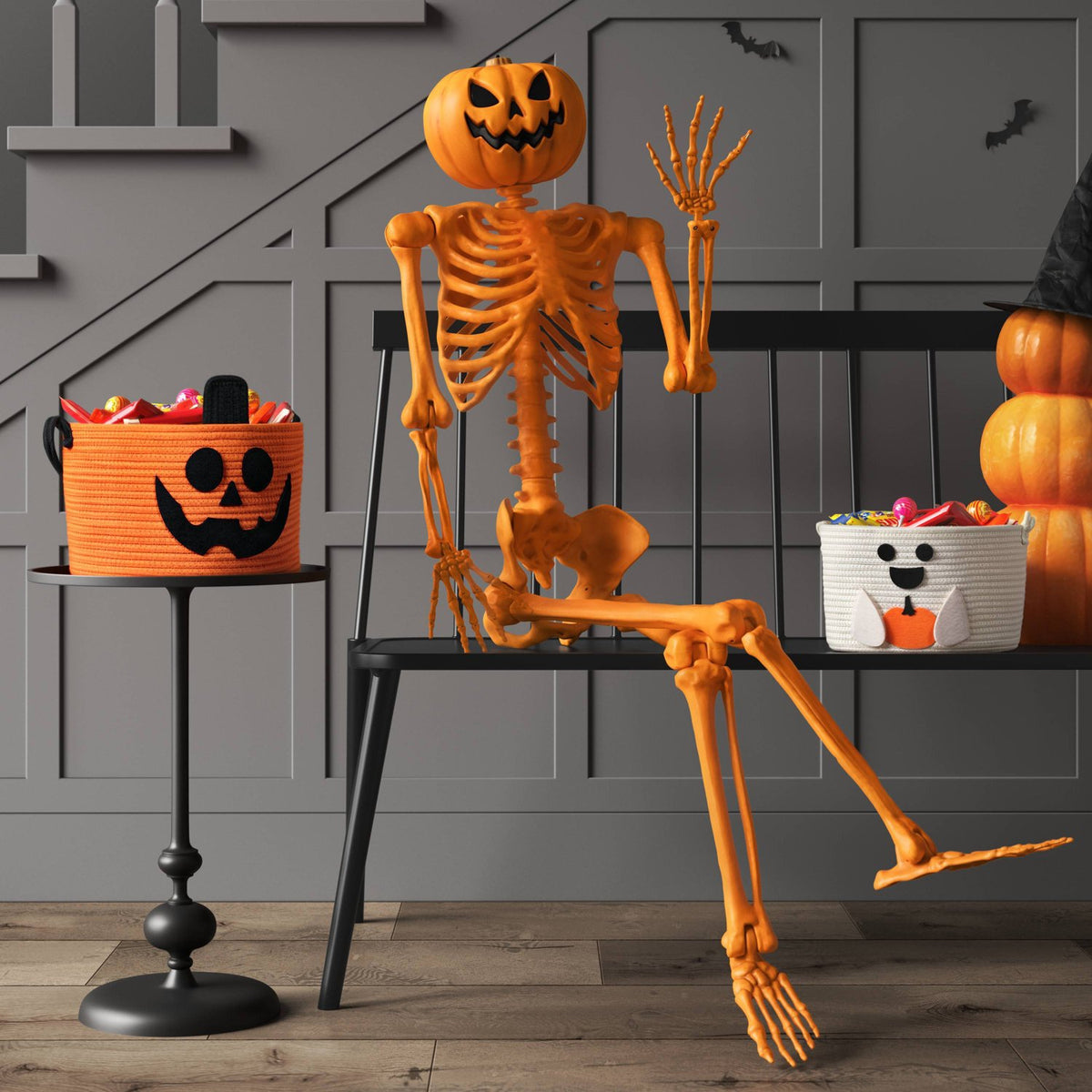 60 Inch Poseable Lifesize Pumpkin Head Skeleton Halloween Prop - image 2