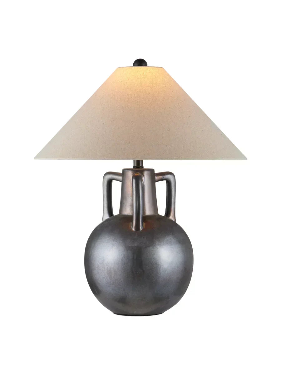 Jug-shaped gray ceramic table lamp with reactive glaze finish, bronze accents, and a classic empire shade.