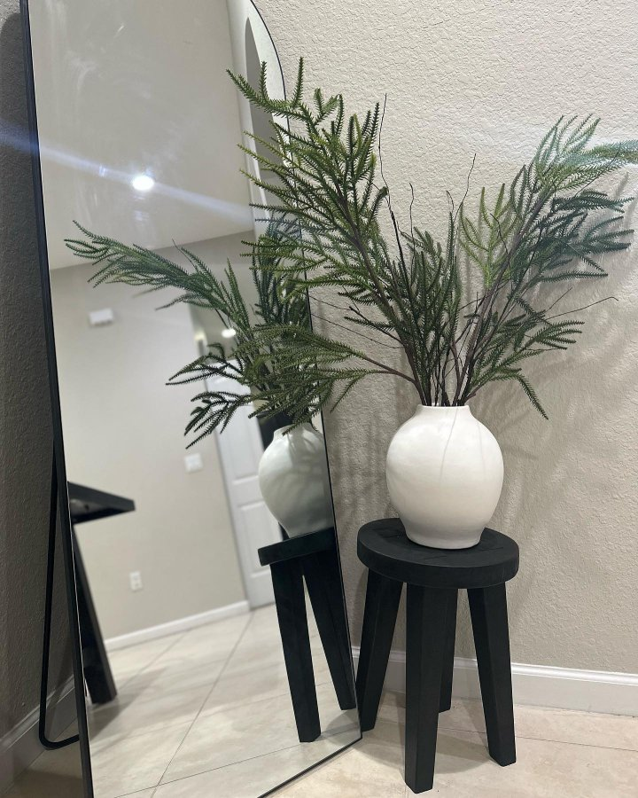 Two white vases with green plants on black stools in front of a mirror Black Short