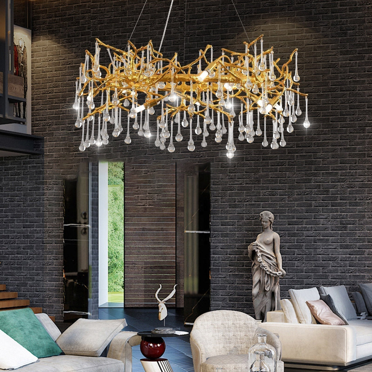 Luxurious chandelier hanging in a living room with modern decor.
