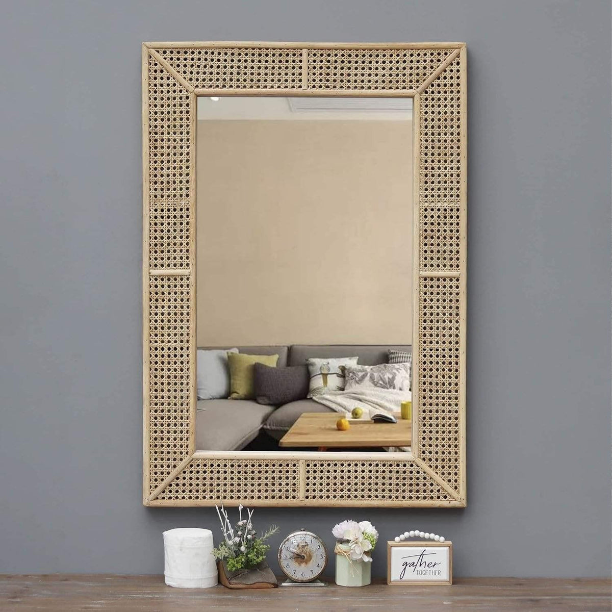 Wooden and Rattan Mirrors, Boho Rectangle