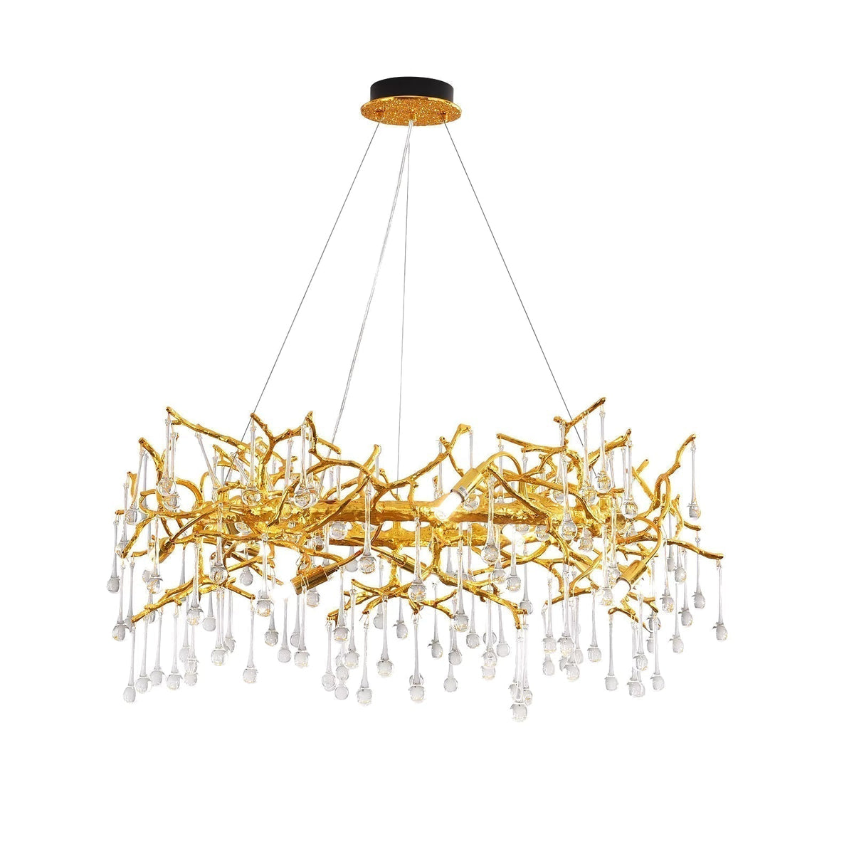 Gold chandelier with branch-like design on a white background