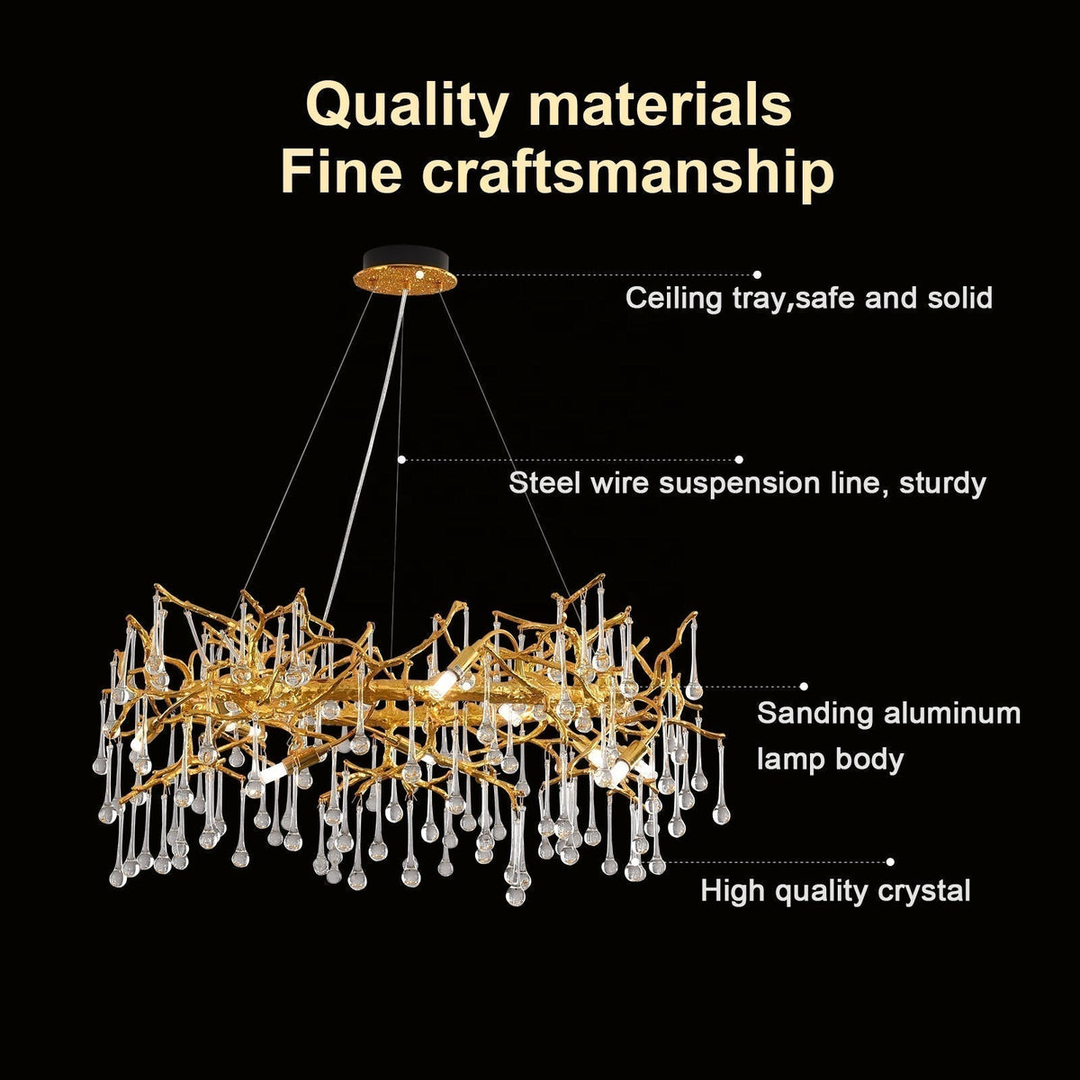 Luxury Gold Crystal Chandelier – 31.5" Tree Branch Round LED Pendant Light for Dining Room, Bedroom & Modern Interiors