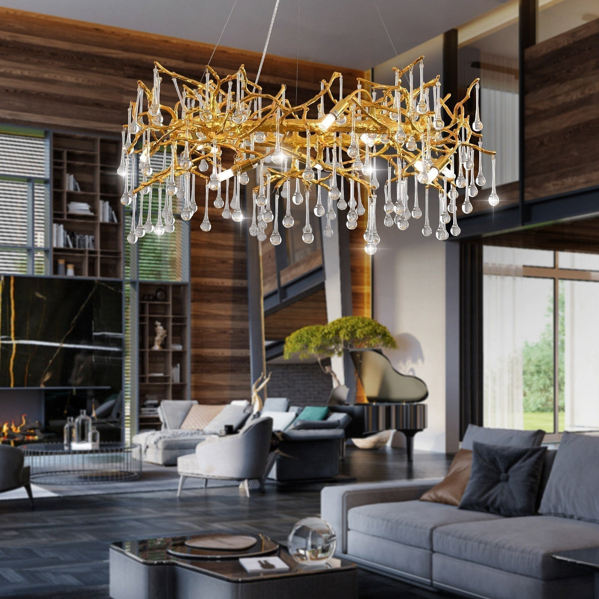 Luxurious living room with a gold chandelier, gray sofa, and modern decor.