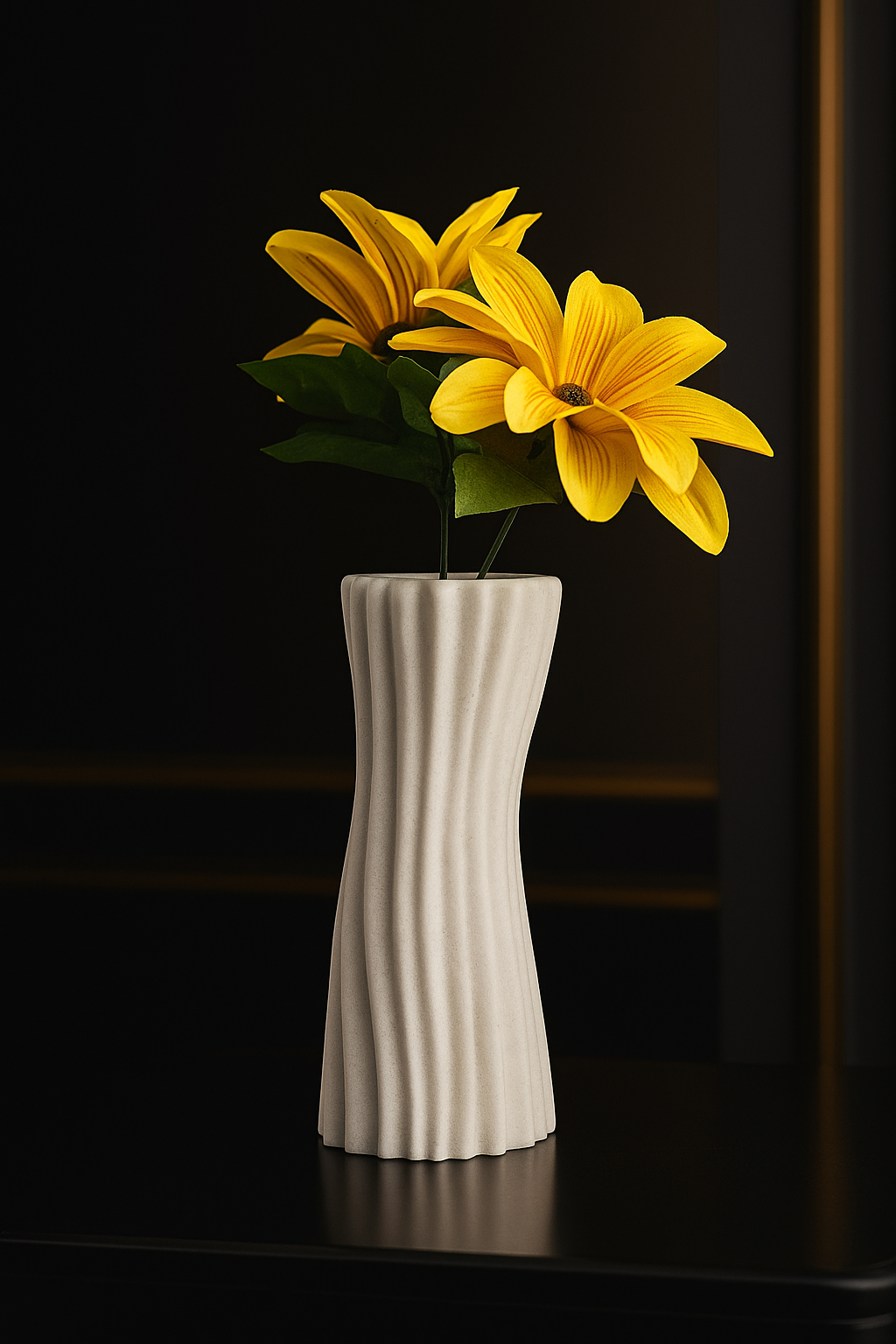 White textured vase with yellow flowers on a dark background