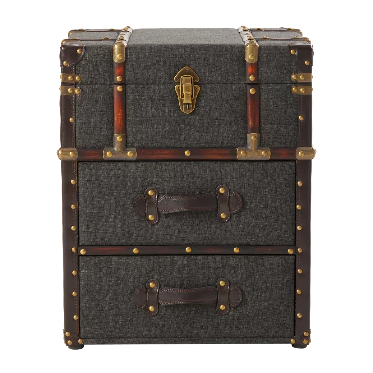 Lannigan Vintage Storage Chest with Buckle Hinged Top, Linen Accent End Side Table, Dark Gray