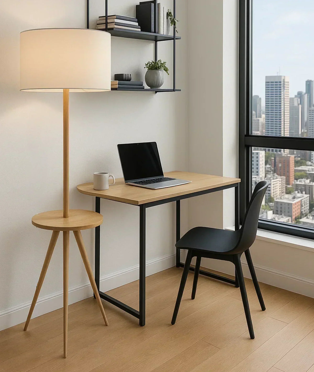 Nureyaa Modern Wooden Tripod Floor Lamp, 63" tall, 14" table, linen shade, handmade decor