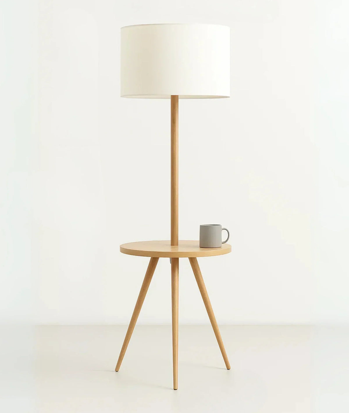 Nureyaa Modern Wooden Tripod Floor Lamp, 63" tall, 14" table, linen shade, handmade decor