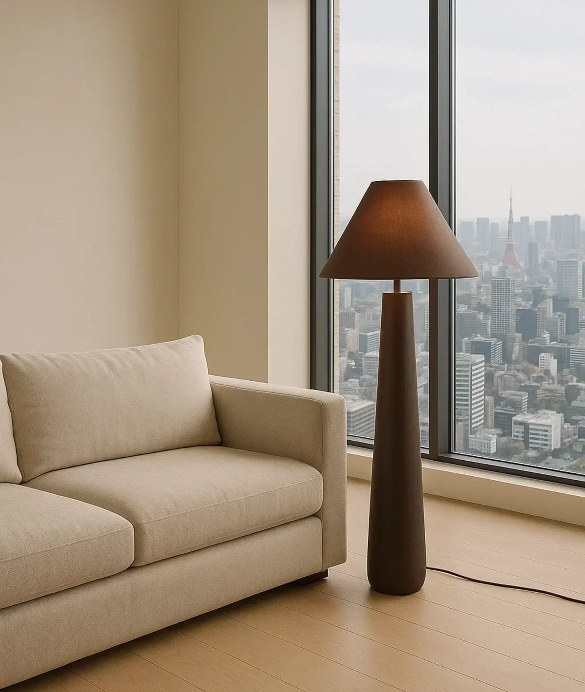 Lamp and Glow Mushroom Floor Lamp, 60" tall, 6" wood base, linen shade, handmade decor Deep Espresso Brown