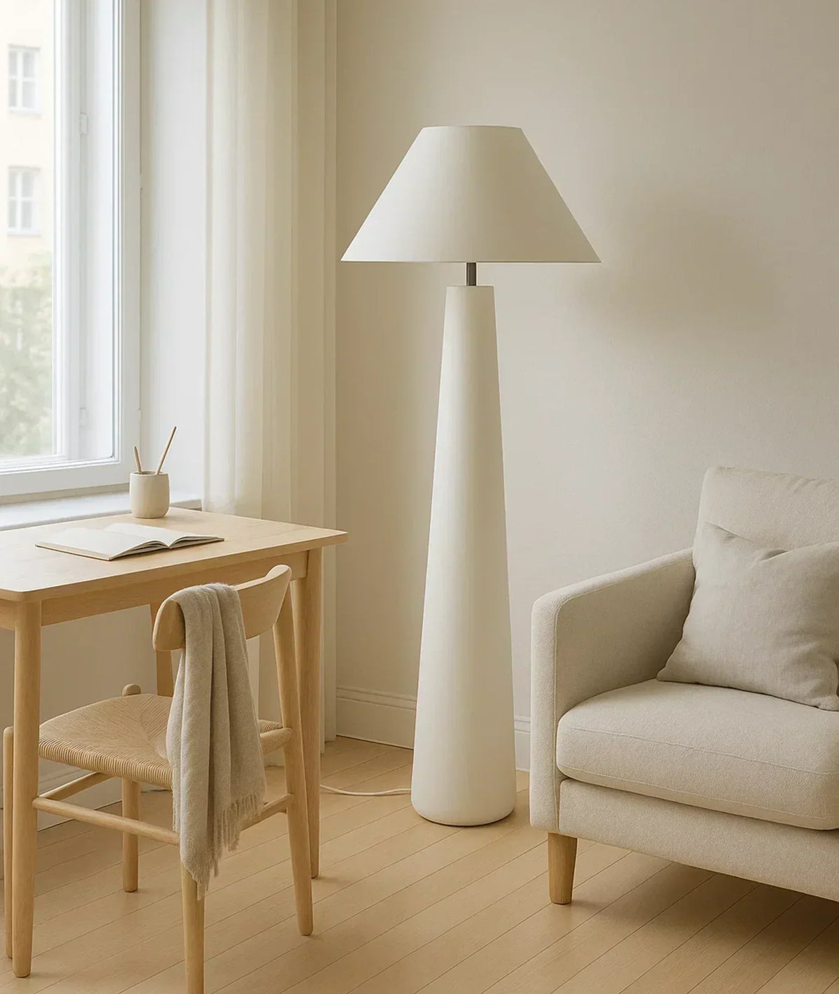 Lamp and Glow Mushroom Floor Lamp, 60" tall, 6" wood base, linen shade, handmade decor White