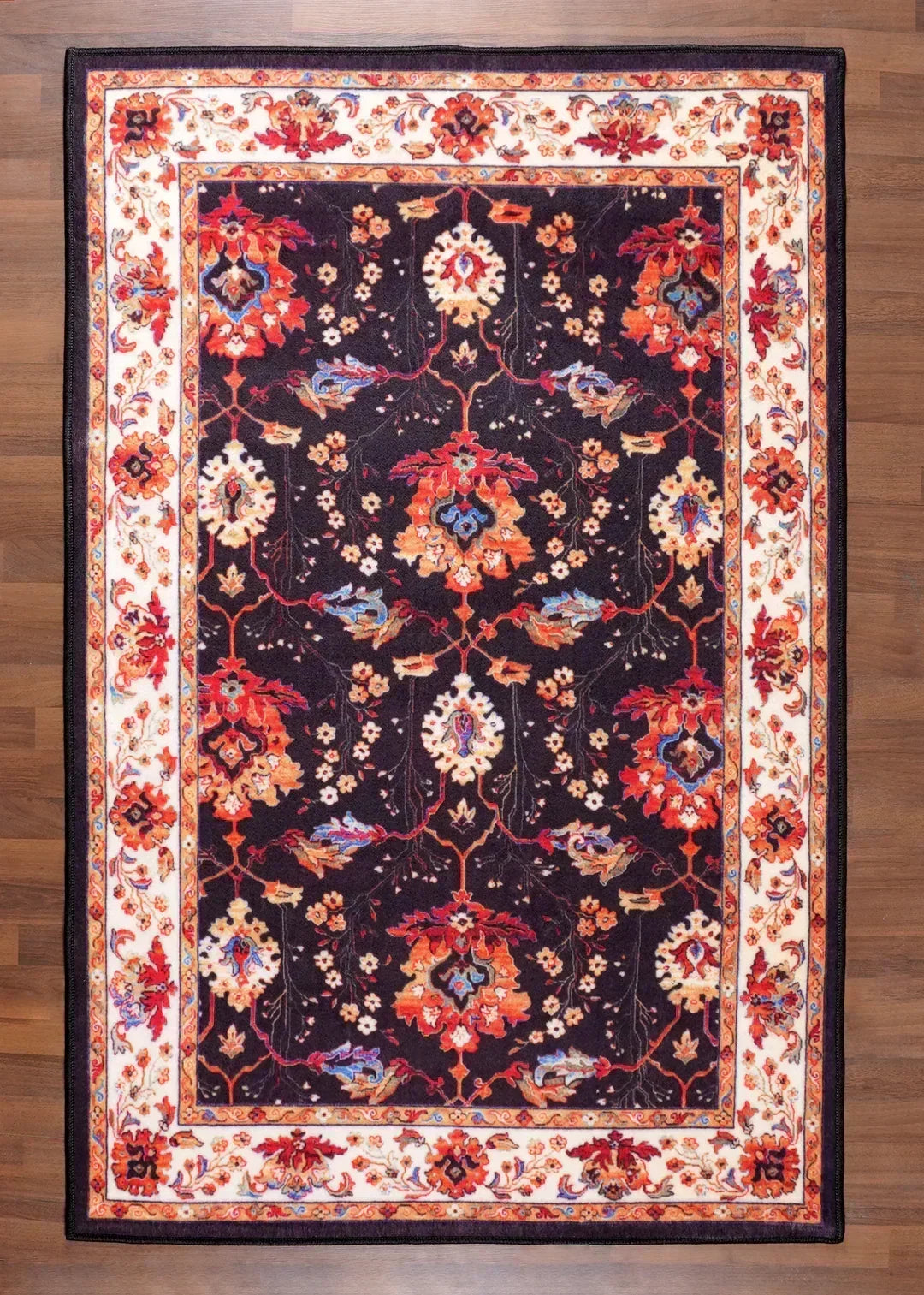 Decorative rug with floral patterns on a wooden floor
